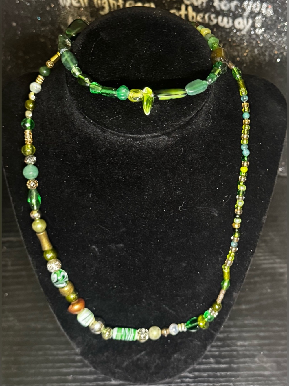 Vintage Handcrafted Green Glass Bead Necklace and Bracelet Set